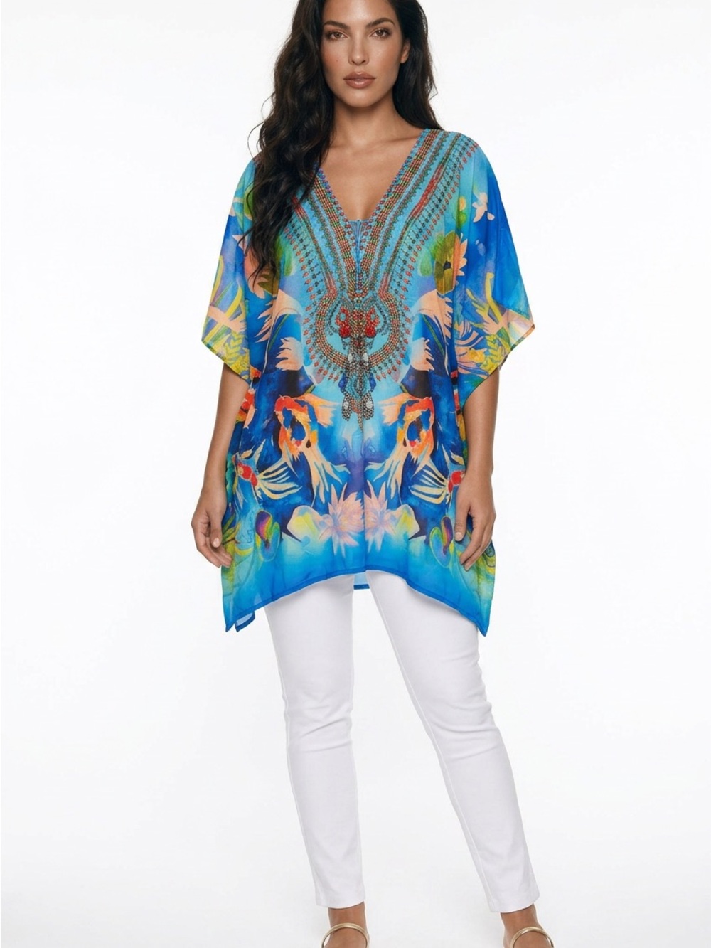 Blue Floral V-Neck Mini Dress Tunic